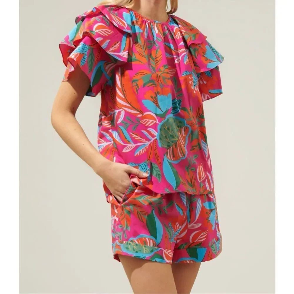 Sugarlips Women’s Cactus Blossom Romie Ruffle Sleeve Poplin Top Sz Medium NEW